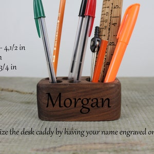 This walnut desk caddy can be personalized