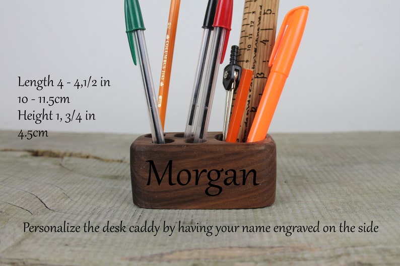 This walnut desk caddy can be personalized