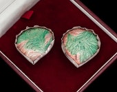 Antique Deco Mid Century Sterling Silver Guilloche Enamel 1.2 quot Earrings Vintage 14 Grams Handmade 1.0 quot W Porcelain Signed