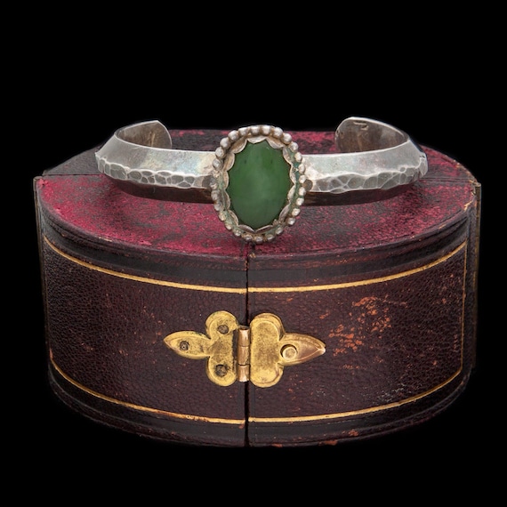 Antique Sterling Coin Silver Native Navajo Nephrite Jade Cuff Bracelet | Vintage | 48.9 Grams | Handmade | 6" L | 5.55 Cts | Granulation