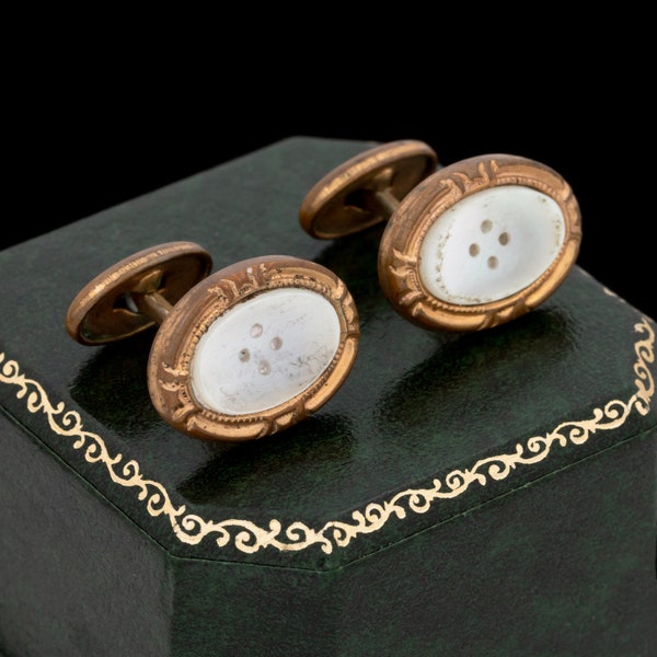 Antique Vintage Art Nouveau 14k Gold Filled GF MOP Button Mens Cufflinks 6.1g