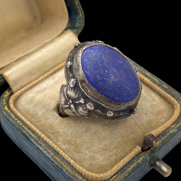 Antique Vintage Art Deco Sterling Silver Lapis Lazuli Floral Ring Sz 5.25 8.5g