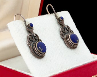 Antique Art Deco Sterling Silver Lapis Lazuli Rope Twist Drop Earrings | Vintage | 5.7 Grams | Handmade | 0.94" L | 0.53" W | Swirl Motifs