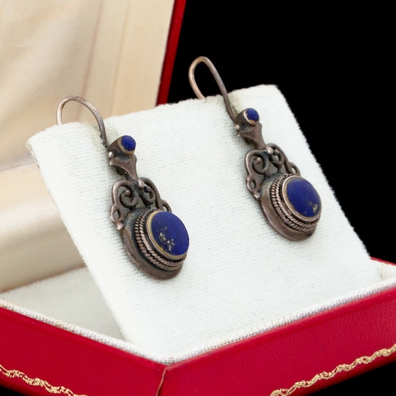 0.8 W 1.07 L Rare Gift Vintage 6.0 Grams Antique Art Deco Retro Sterling 925 Silver Lapis Lazuli Cluster Earrings Handmade