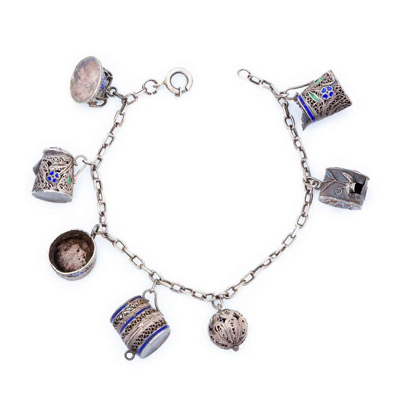 Antique Vintage Deco 925 Sterling Silver Chinese Filigree Charm Bracelet 12.4g