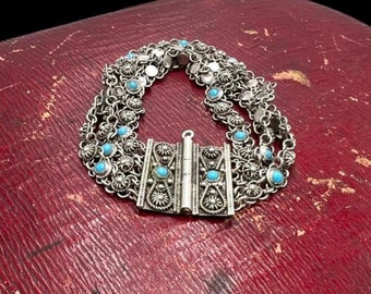 Antique Vintage Deco 900 Sterling Silver Ottoman Turquoise Glass Bracelet 20.5g