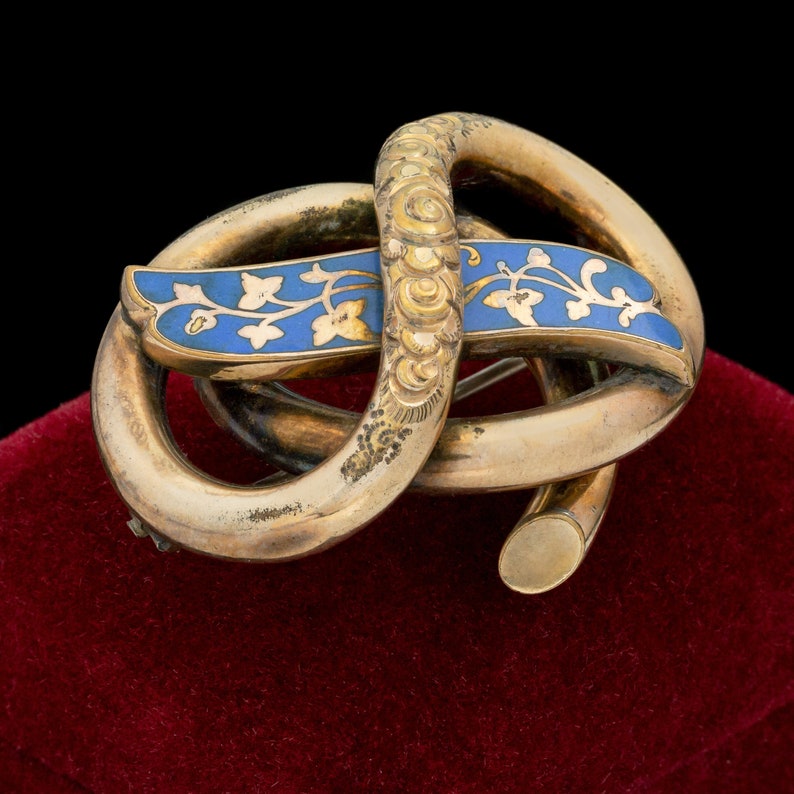Antique Vintage Nouveau 14k Gold Filled GF Blue Enamel Infinity Knot Pin Brooch