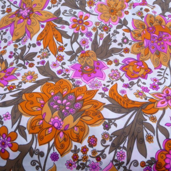 Coupon en nylon à fleurs orange rose vert" 100 cm par 125 cm" vintage années 1970, coupon neuf d'origine