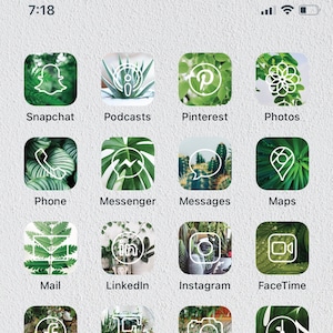 May include: A grid of 16 app icons on a smartphone screen. Each icon is a white outline of a popular app logo on a green background with a different leafy plant pattern. The icons include Snapchat, Podcasts, Pinterest, Photos, Phone, Messenger, Messages, Maps, Mail, LinkedIn, Instagram, FaceTime, Facebook, Etsy, Camera, Clock, Calendar, Calculator, Amazon, Wallet, Spotify, YouTube, TikTok, and Weather.
