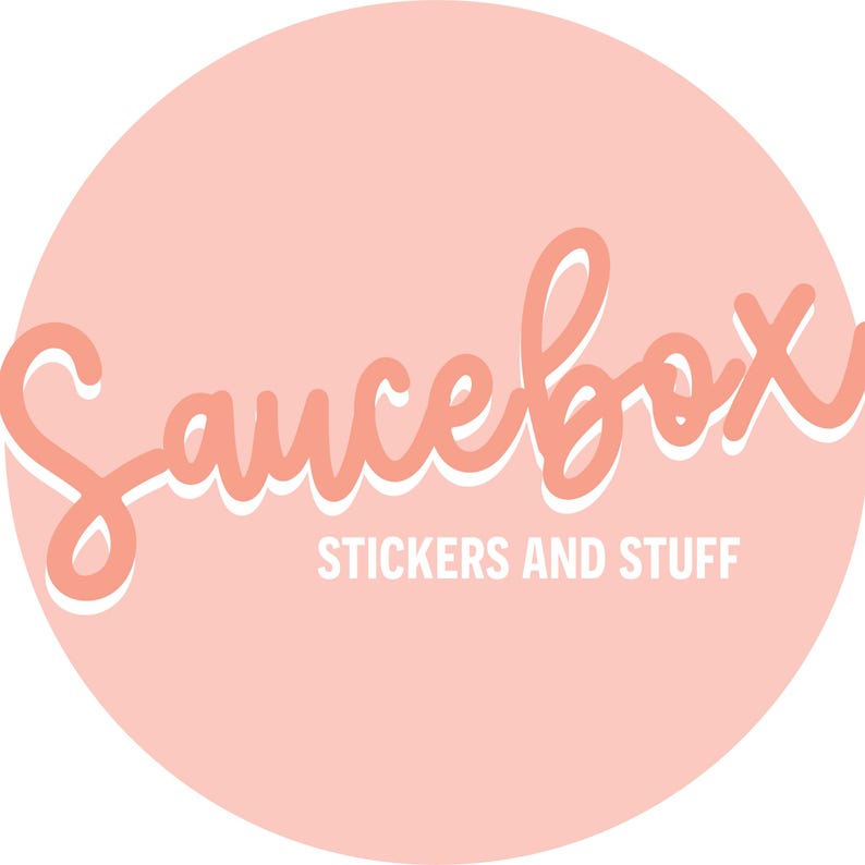 May include: A pink circle with the text "Saucebox" in white outlined pink lettering. Below the text is the phrase "Stickers and Stuff" in white text.