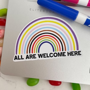 Progress Flag Stickers, All are Welcome Here, Pride Stickers