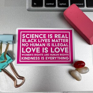 May include: A pink sticker with white text that reads "Science is real, Black Lives Matter, No Human is Illegal, Love is Love, Women's Rights are Human Rights, Kindness is Everything."