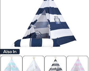 A Mustard Seed Toys Tente tipi rayée pour enfants – Tente portable en toile, sans produits chimiques supplémentaires, comprend un étui de transport