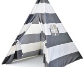 A Mustard Seed Toys Striped Kids Teepee Tent - Portable Canvas Tent, No Extra Chemicals, Includes Carrying Case (Grey)