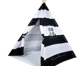 Striped Kids Teepee Tent - Portable Canvas Tent, No Extra Chemicals, Includes Carrying Case (Black)