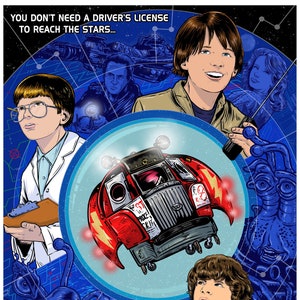 Peut inclure: Affiche de film pour le film "Explorers" de 1985, avec un vaisseau spatial rouge et blanc, un jeune garçon regardant les étoiles et le texte "Vous n'avez pas besoin de permis de conduire pour atteindre les étoiles..."