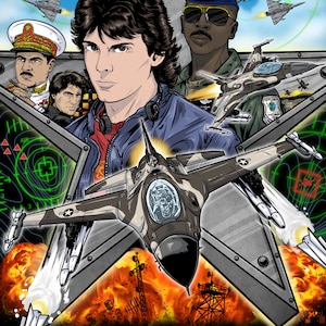 Puede incluir: Un póster de película para la película "Iron Eagle" que presenta un avión de combate volando sobre una explosión de fuego. El póster incluye el lema "Nunca mires hacia atrás. Nunca digas morir." y los nombres de los actores y el director.