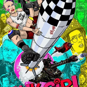 May include: A vibrant poster for the film "Tank Girl" features a woman with purple and pink hair, holding a gun while riding a rocket. The poster includes the film's title in pink and red, along with supporting cast and crew names. The background is a collage of colorful images.