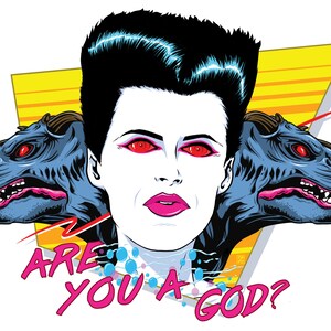 May include: A retro-style illustration of a woman with red eyes and pink lips, flanked by two blue, reptilian creatures. The text "ARE YOU A GOD?" is written in pink letters below the woman's head.