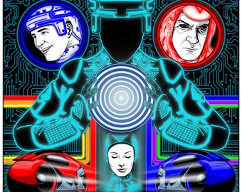 May include: A Tron movie poster with a black background and neon blue and red accents. The poster features characters in circular frames, a central figure, and two light cycles. Text includes the movie title, credits, and the tagline "HE FIGHTS FOR THE USER."