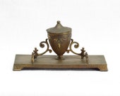 Antique Neo Classical Urn Shaped Smith Metal Art Company Silver Crest Decorated Bronze Hinged Lidded Inkwell Stand With Pen Holder 2226