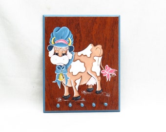 Cute Comical Hand Painted Country Cow Wearing a Bonnet Hat Five Peg Wall Mount Apron Hanger
