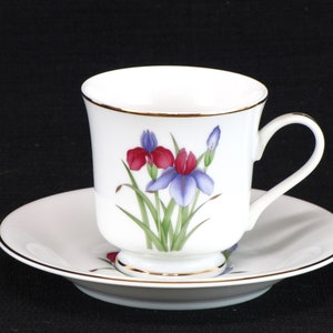 May include: A white porcelain teacup and saucer with a gold rim. The cup features a floral design of blue and red irises with green leaves.