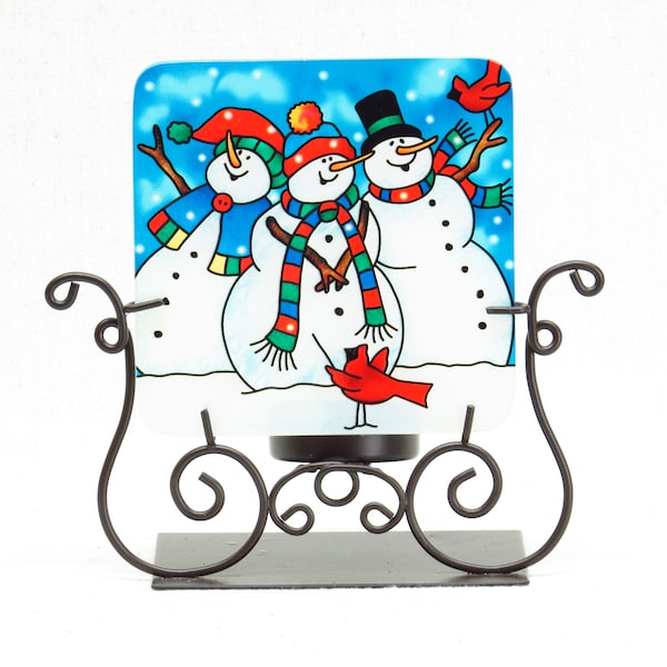 Joan Baker Designs Christmas Winter Theme Painted Glass Tea Light Candleholder Three Singing Snowmen & Cardinal Conductor
