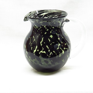 Artisan Hand Blown Glass Pitcher Black Leopard Spots on Light Avocado Green