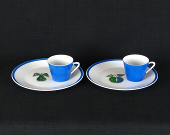 Georges Briard Mid Century Modern Studio Pottery Forbidden Fruit Pattern Snack Set Blue/Green Apple & Pear Set of Two