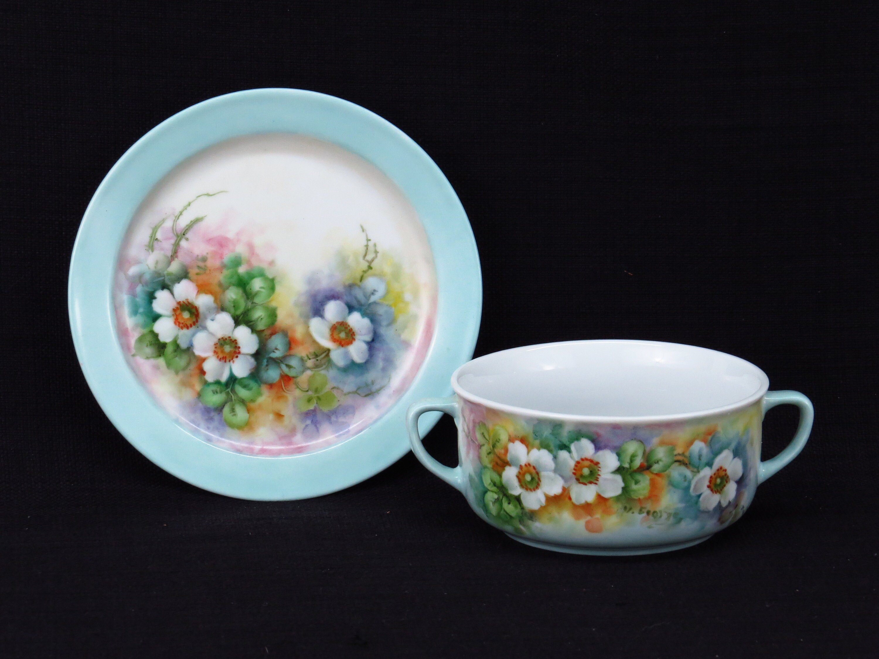 Set of Two Hand Painted Double Handled Soup Bowls With Saucer Lovely ...