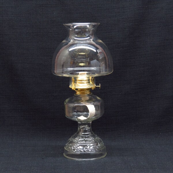 Vintage Plume and Atwood Risdon Manufacturing Company Wedding Scroll Design Pressed Glass Oil Lamp With Wide Hurricane Lamp Shade