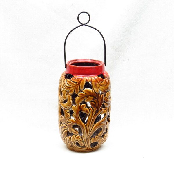 Cut Through Pierced Leaf Motif Ceramic Hanging Tea Light Candle Lantern