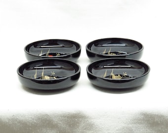 Set Of Four Handpainted Japanese Temple Pagoda Garden Scenes Black Lacquer Wooden Bowls