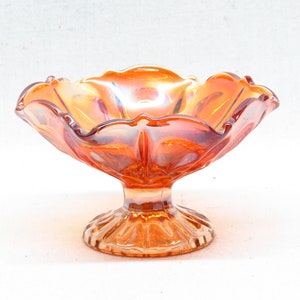 Small Vintage Imperial Glass Propeller Pattern Marigold Orange Carnival Glass Footed Compote