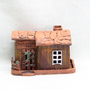 Cute Lithuanian Artisan Handcrafted Clay Fishing Cabin Incense Burner Tea Light Candleholder Night Light