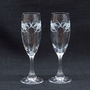 Set of Two Crystal Champagne Glasses Frosted Tiger Lilly Heart Pattern Toasting Flutes