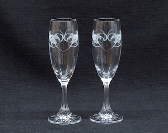 Set of Two Crystal Champagne Glasses Frosted Tiger Lilly Heart Pattern Toasting Flutes