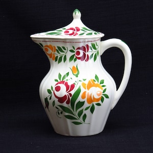 Belgian Art Pottery Vintage Boch F La Louviere Belgium Covered Lidded Pitcher Colorful Folk Art Style Flowers