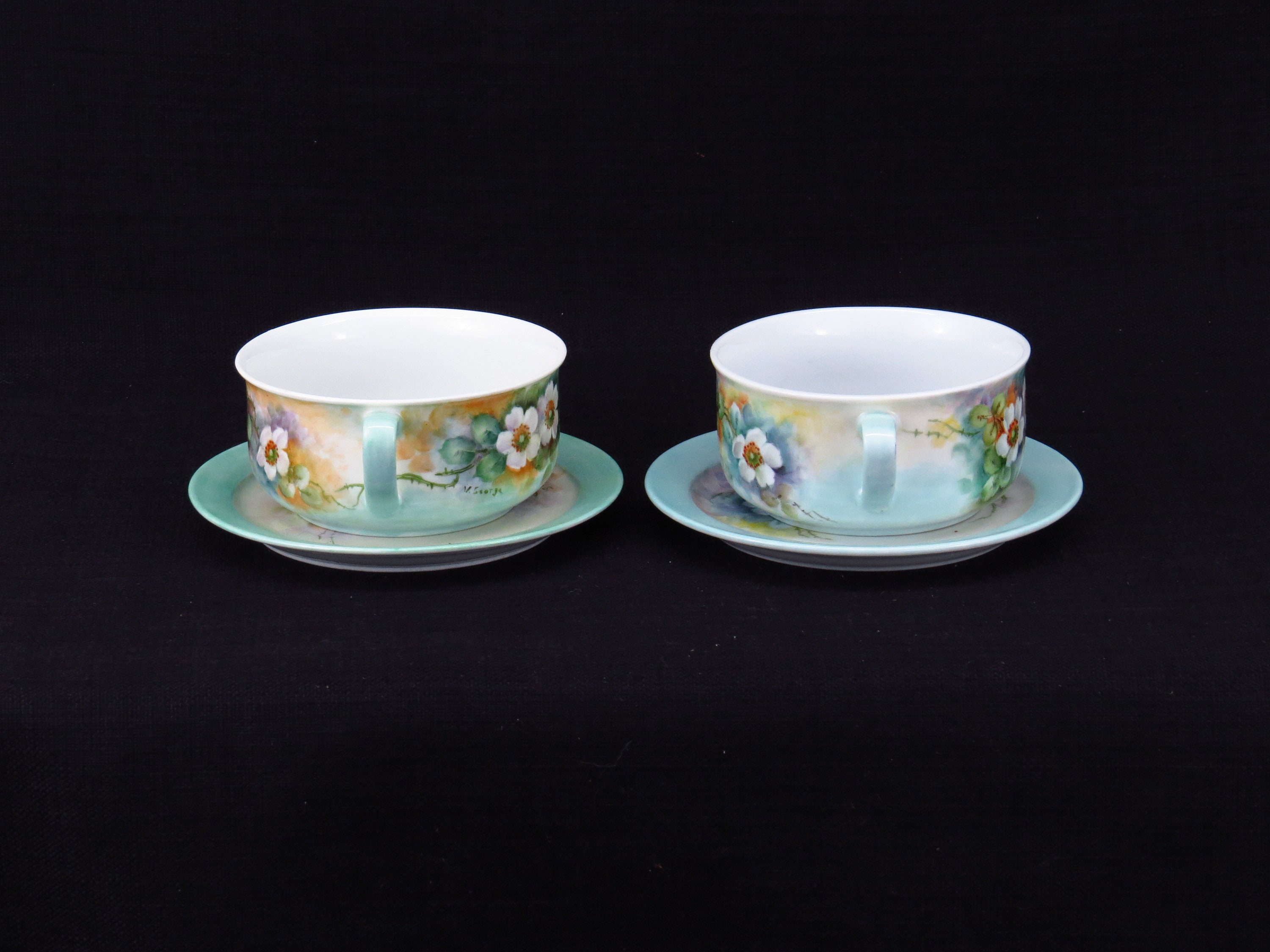 Set of Two Hand Painted Double Handled Soup Bowls With Saucer Lovely ...