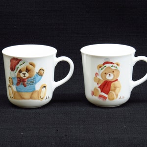Set of Two Corning Christmas Theme Holiday Teddy Bear Mugs