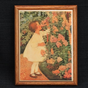 Vintage Kimberly Graphic Art Tile Top Felt Lined Oak Trinket Jewelry Keepsake Box Young Girl Smelling Flowers in an English Garden
