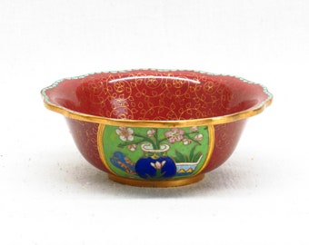 ヴィンテージの中国製七宝焼き皿、緑地に梅の花模様 - Etsy 日本