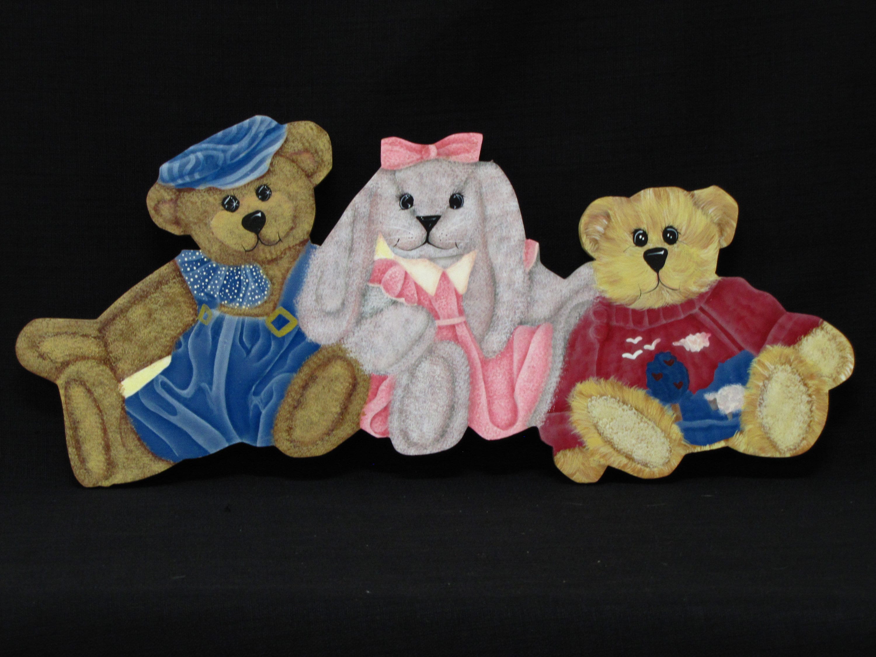 Artisan Hand Painted Adorable Children's Room Decor Furry Friends Wood Wall Plaque Plush Purple Bunny and Teddy Bears Design