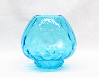 Gorgeous Bright Light Blue Optic Oval Circle Footed Art Glass Rose Bowl Vase Cut Top Unique Base