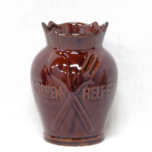 Small Vintage Kitchen Helper Utensil Storage Crock Embossed Fork & Spoon Design