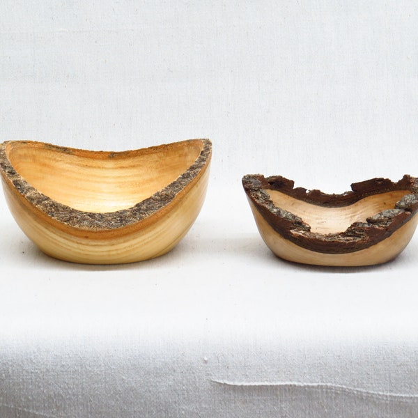 Set of Two Artisan Crafted Natural Wood Turned Bowls with Bark Rims by Kent's Custom Woodworks