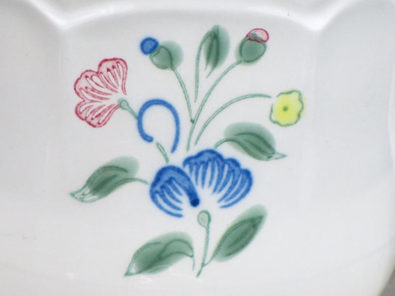 May include: A white ceramic plate with a floral design. The design features blue, pink, green, and yellow flowers.