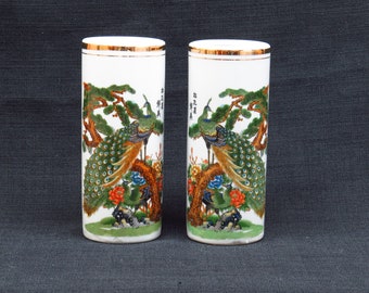 Set of Two Complimentary Patterned Floral & Peacock Motif Japanese Cylinder Vases