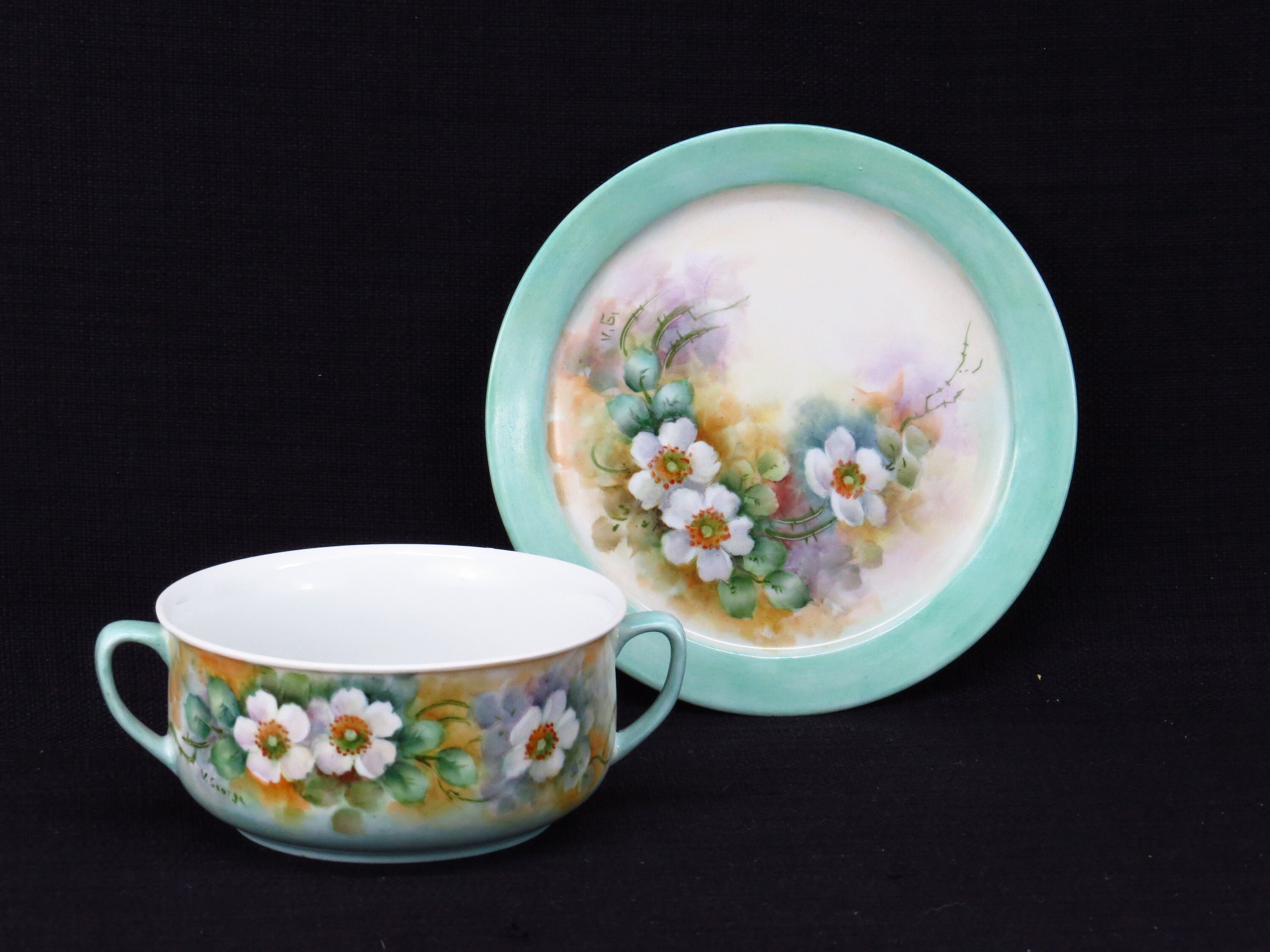 Set of Two Hand Painted Double Handled Soup Bowls With Saucer Lovely ...